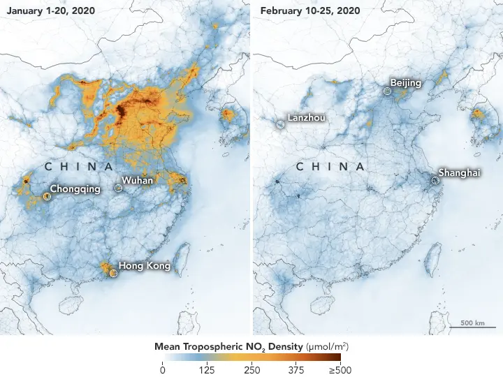 baisse du dioxyde d'azote pendant le covid en Chine